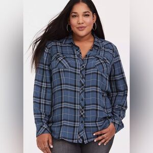 Torrid Blue and Black Plaid Challis Button-Down Long Sleeve Shirt Sz 3X